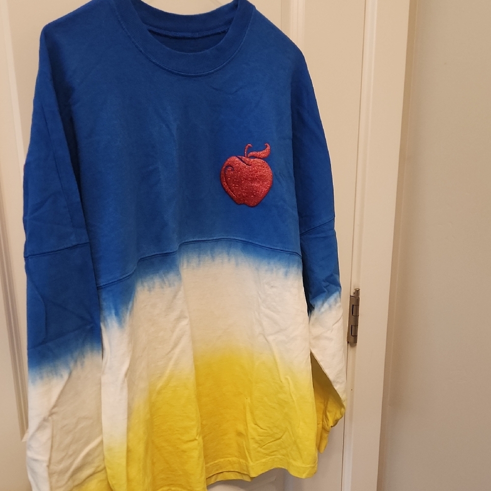 Disney Blue, White & Yellow Tie-Dye Sweatshirt with Red Apple Patch
